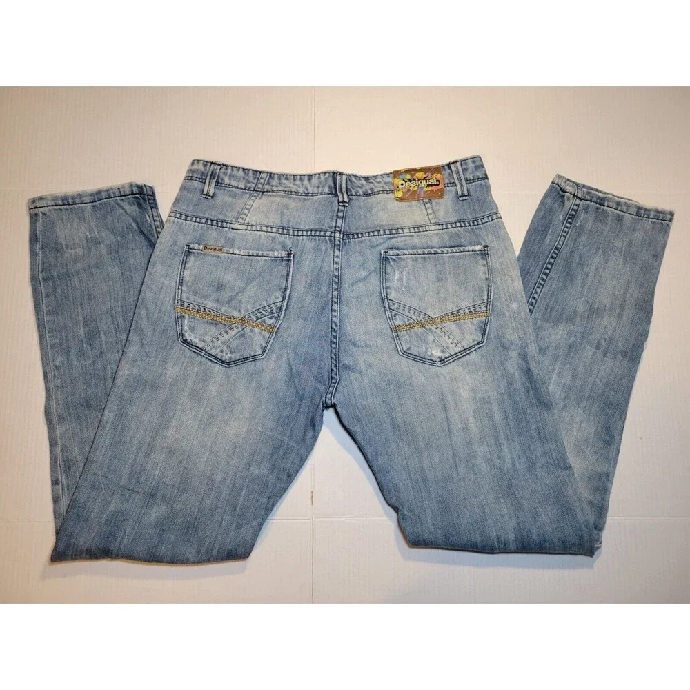 Desigual Men Jeans Regular Straight Size W34 L32 Button Fly Ripped 5 Pocket Blue